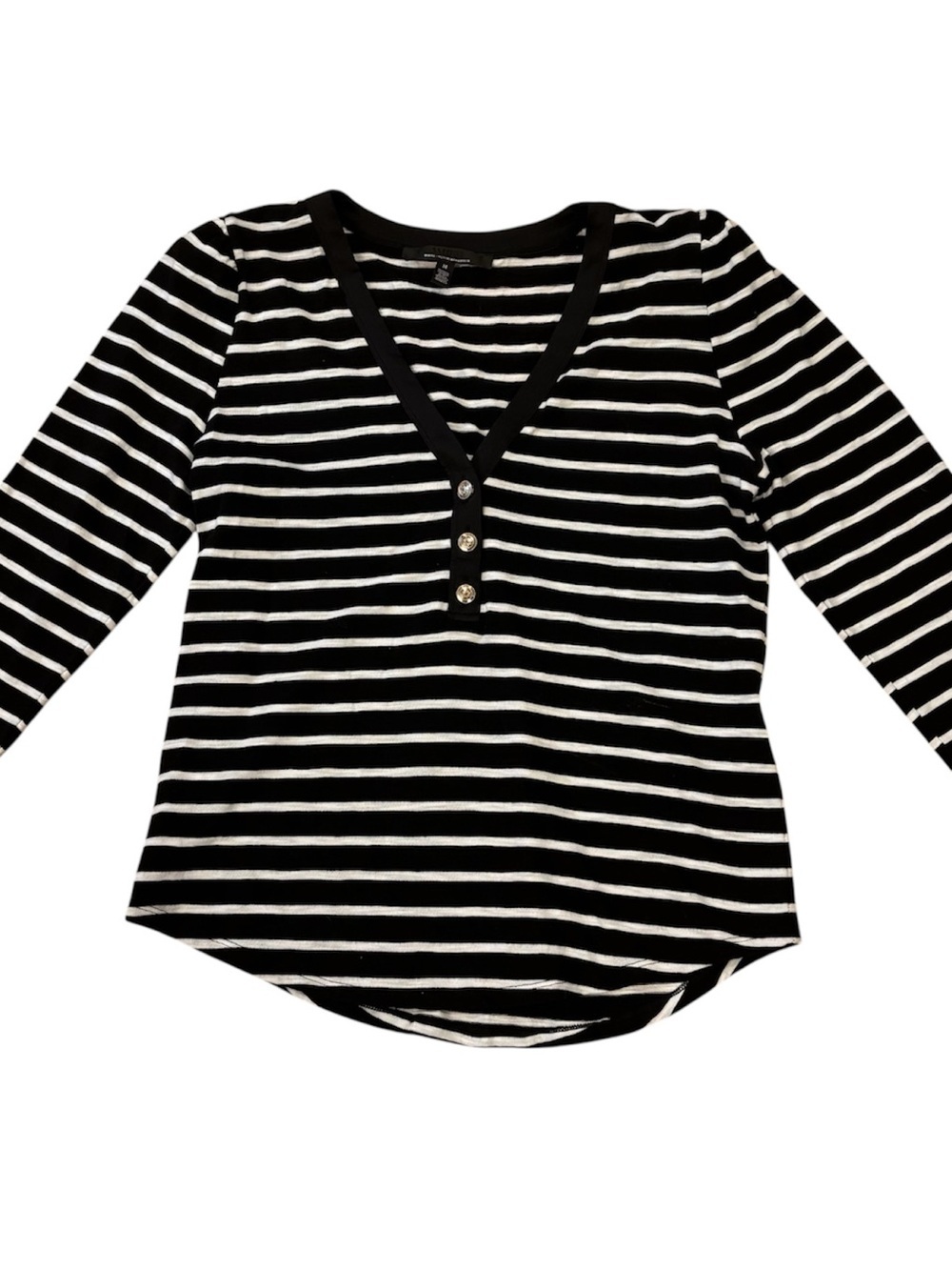 White House Black Market Black and White Striped V-Neck Henley
